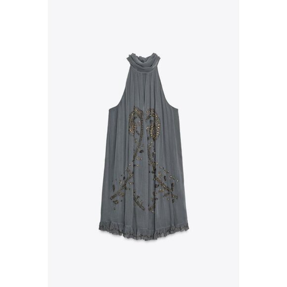 ZARA ZW COLLECTION EMBROIDERED HALTER DRESS - Picture 1 of 10